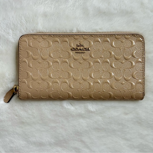 Coach Handbags - COACH Accordion Zip Signature Debossed Women Wallet Beige Patent‎ Leather F54805